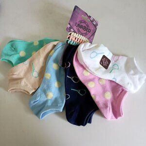 NWT 6 pairs tennis themed no show socks w/ 3 spiral hair ties pastels sz 4-10.5